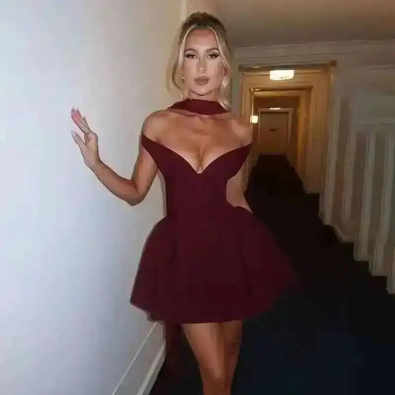 Summer Party Perfection: Halter Waist Wrap Dress with Pleated Detailing and Backless Design - Fleur de Luxe