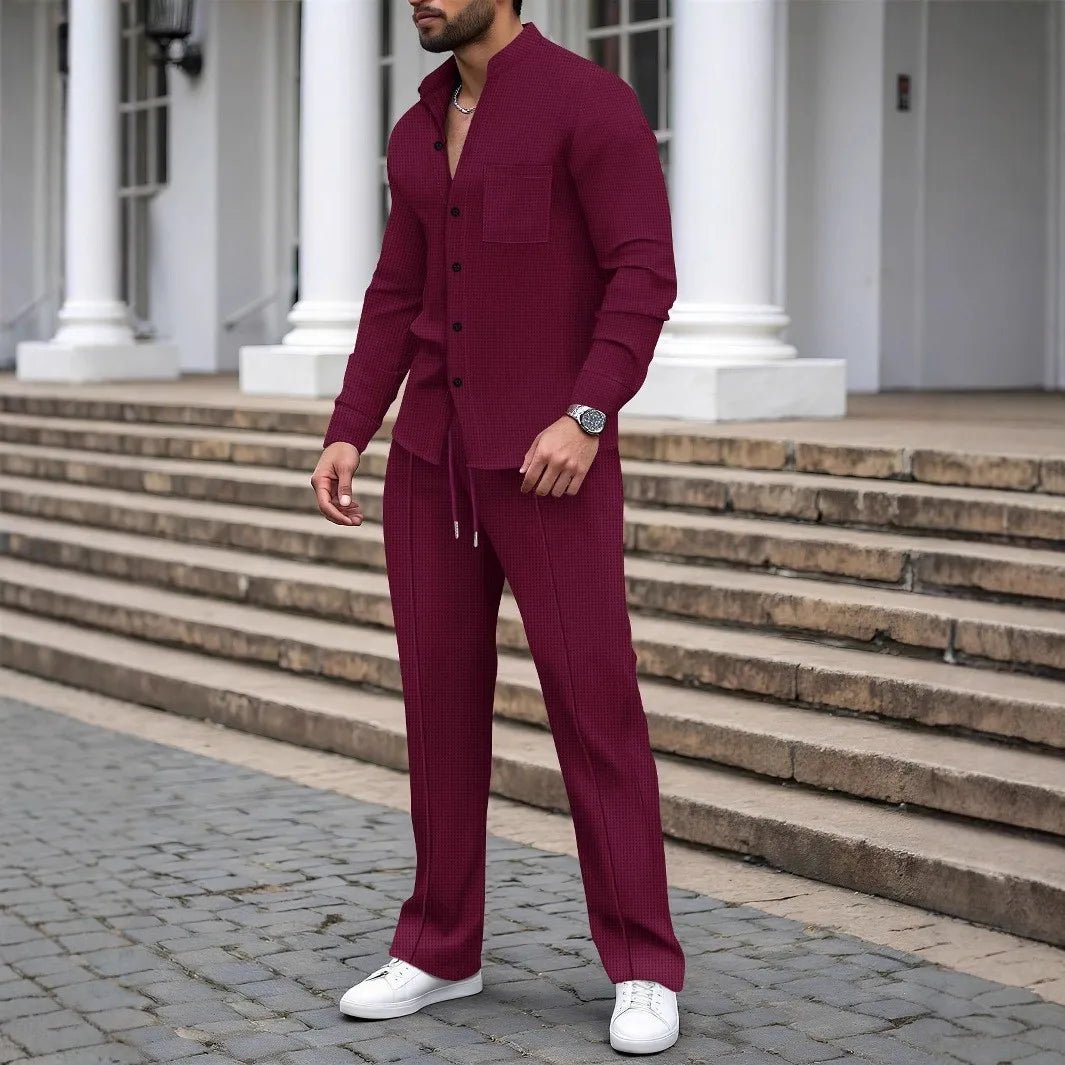 New autumn men's suit, waffle plain - colored long - sleevedshirt with pocket cardigan, stylish men's casual clothing long pants set - Fleur de Luxe
