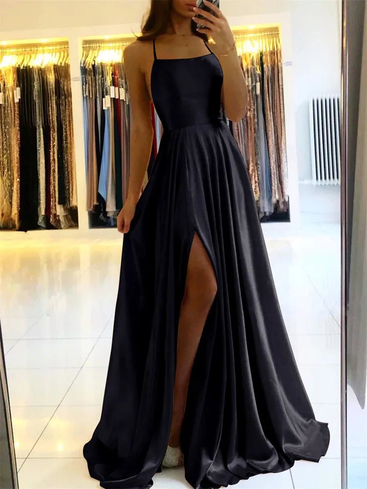 Elegant Women Maxi Beach Satin Dress Sexy Leg Slit Lace up Evening Prom Gown Adjustable Straps Bridesmaid Dresses - Fleur de Luxe