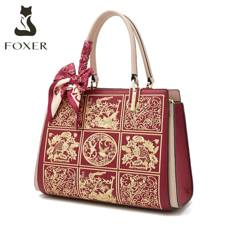FOXER Women's Chic Leather Shoulder Crossbody Bag with Scarf Print Pocket - Fleur de Luxe