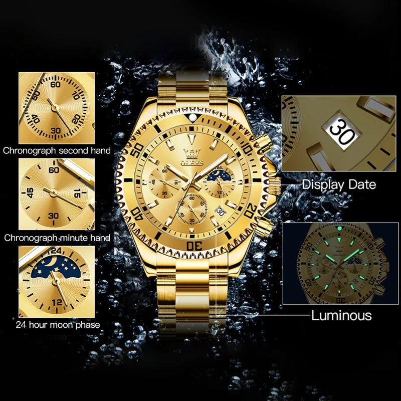 OLEVS Luxury Moon Phase Chronograph Watch for Men, Waterproof Stainless Steel - Fleur de Luxe