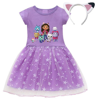 2024 New Summer Cartoon Gabby Cats Dresses Baby Girls Princess Dress Bag Headband Kids Gabby's Dollhouse Cosplay Costume - Fleur de Luxe