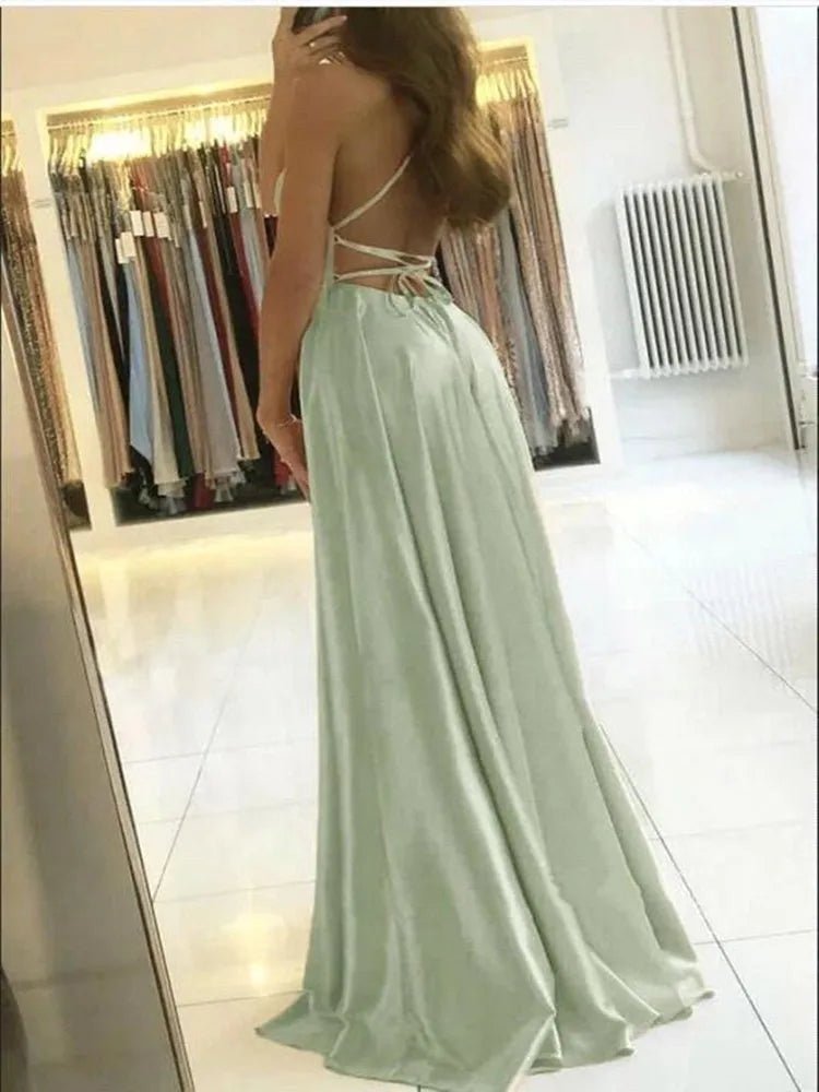 Elegant Women Maxi Beach Satin Dress Sexy Leg Slit Lace up Evening Prom Gown Adjustable Straps Bridesmaid Dresses - Fleur de Luxe