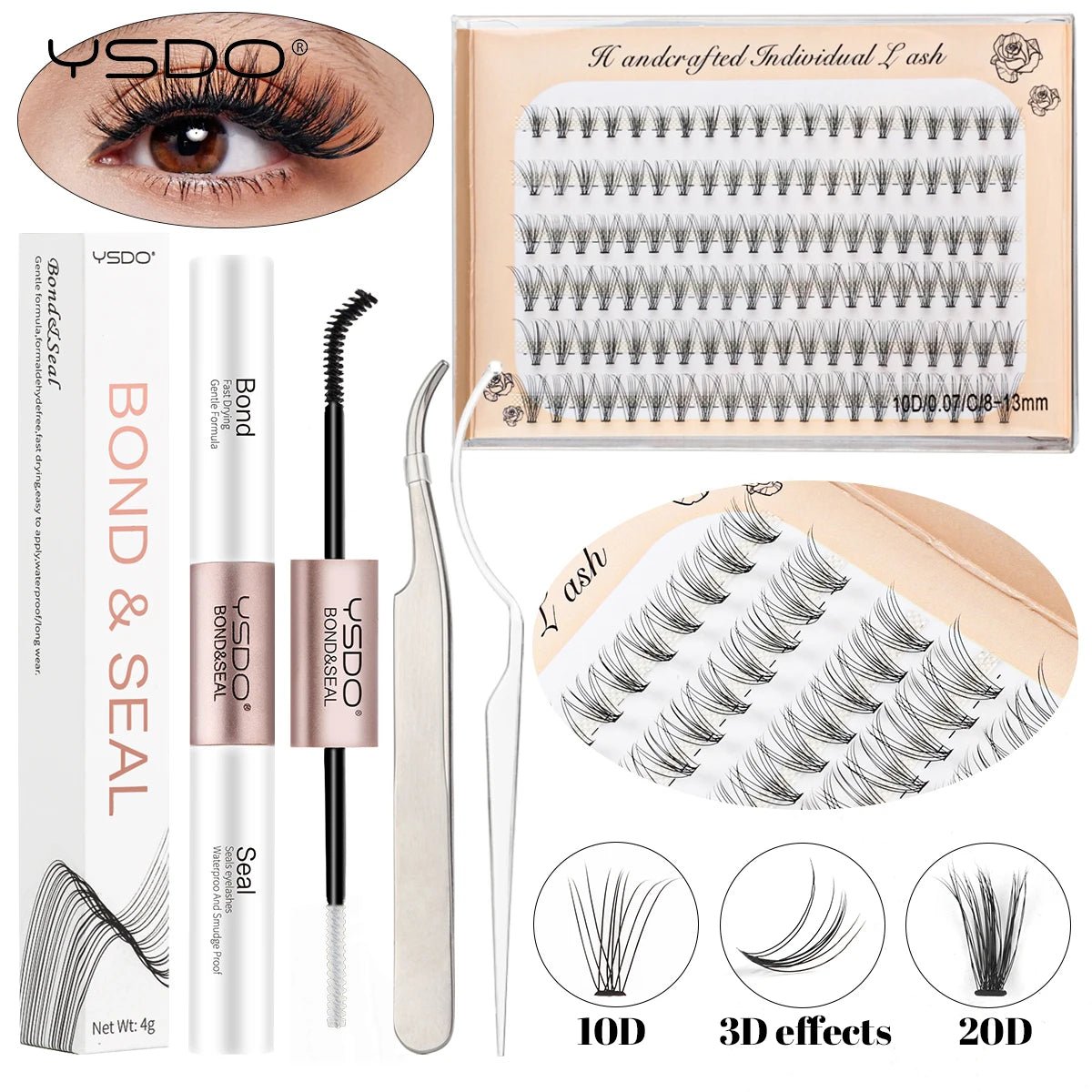 DIY Lash Kit 8-16mm Individual Lashes Clusters w/ Waterproof Bond, Seal & Tweezers - Fleur de Luxe
