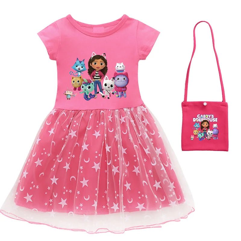 2024 New Summer Cartoon Gabby Cats Dresses Baby Girls Princess Dress Bag Headband Kids Gabby's Dollhouse Cosplay Costume - Fleur de Luxe