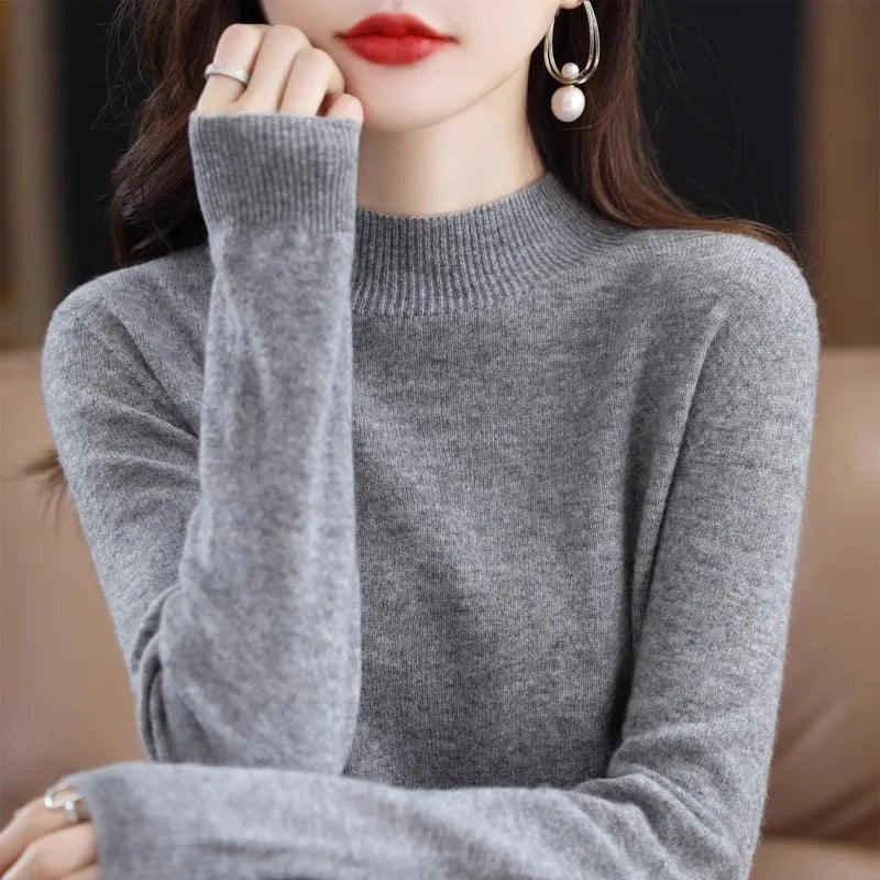 Autumn Winter Women Sweater Korean Fashion Warm Bottoming Shirts Half High Collar Basic Knitwear Solid Long Sleeve Pullovers - Fleur de Luxe