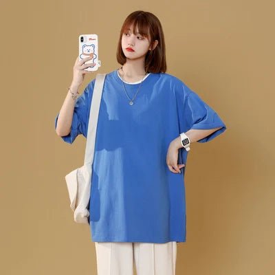 Pure cotton short - sleeved T-shirt women's summer loose large size T-shirt top solid color bottoming shirt pure cotton - Fleur de Luxe