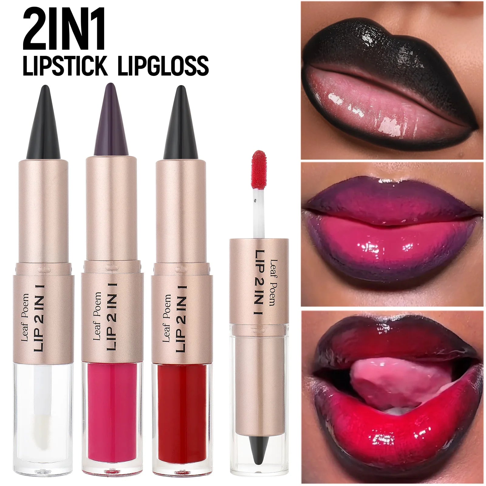 Black Brown Tapered Lip Liner Contour Pencil Double Head Mirror Plumping Lip Glaze Crystal Lip Gloss Sexy Red Lips Tint Makeup - Fleur de Luxe