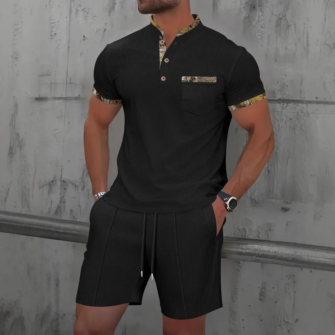 2025 Men Europe and the United States new summer Waffle solid color zip - up lapel short - sleeve suit shorts two sets - Fleur de Luxe