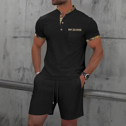 2025 Men Europe and the United States new summer Waffle solid color zip - up lapel short - sleeve suit shorts two sets - Fleur de Luxe