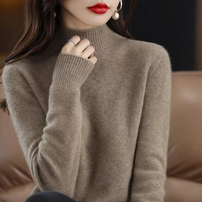 Autumn Winter Women Sweater Korean Fashion Warm Bottoming Shirts Half High Collar Basic Knitwear Solid Long Sleeve Pullovers - Fleur de Luxe