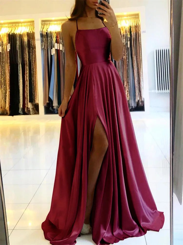 Elegant Women Maxi Beach Satin Dress Sexy Leg Slit Lace up Evening Prom Gown Adjustable Straps Bridesmaid Dresses - Fleur de Luxe