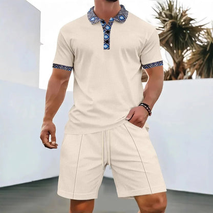 2025 Men Europe and the United States new summer Waffle solid color zip - up lapel short - sleeve suit shorts two sets - Fleur de Luxe