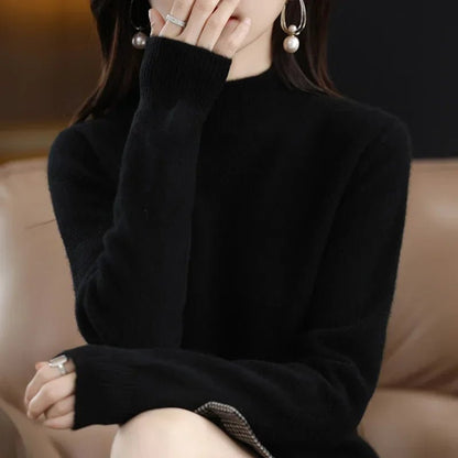 Autumn Winter Women Sweater Korean Fashion Warm Bottoming Shirts Half High Collar Basic Knitwear Solid Long Sleeve Pullovers - Fleur de Luxe