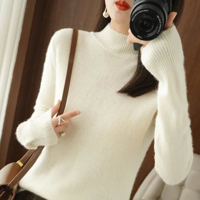 Autumn Winter Women Sweater Korean Fashion Warm Bottoming Shirts Half High Collar Basic Knitwear Solid Long Sleeve Pullovers - Fleur de Luxe