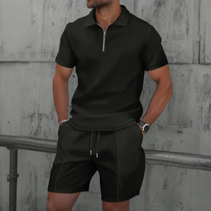 2025 Men Europe and the United States new summer Waffle solid color zip - up lapel short - sleeve suit shorts two sets - Fleur de Luxe