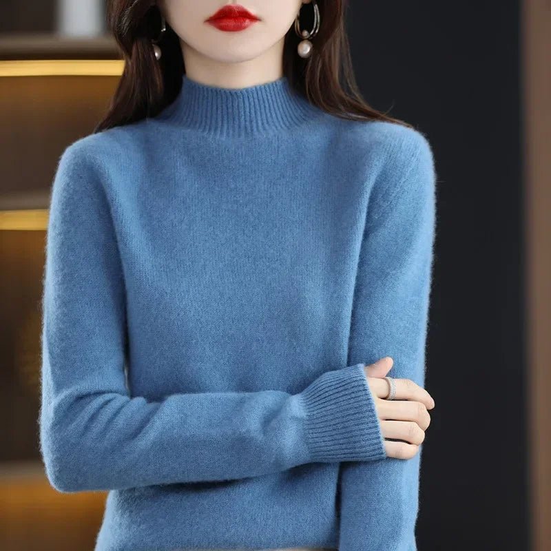 Autumn Winter Women Sweater Korean Fashion Warm Bottoming Shirts Half High Collar Basic Knitwear Solid Long Sleeve Pullovers - Fleur de Luxe
