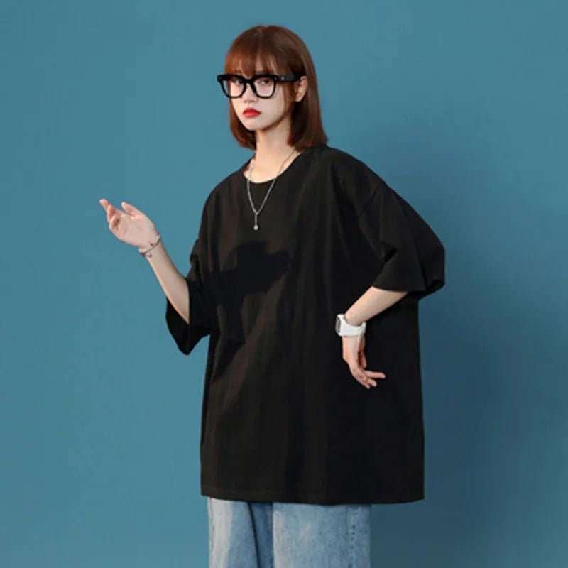 Pure cotton short - sleeved T-shirt women's summer loose large size T-shirt top solid color bottoming shirt pure cotton - Fleur de Luxe