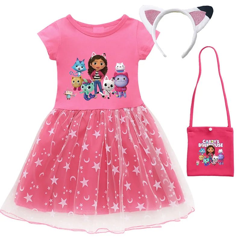 2024 New Summer Cartoon Gabby Cats Dresses Baby Girls Princess Dress Bag Headband Kids Gabby's Dollhouse Cosplay Costume - Fleur de Luxe