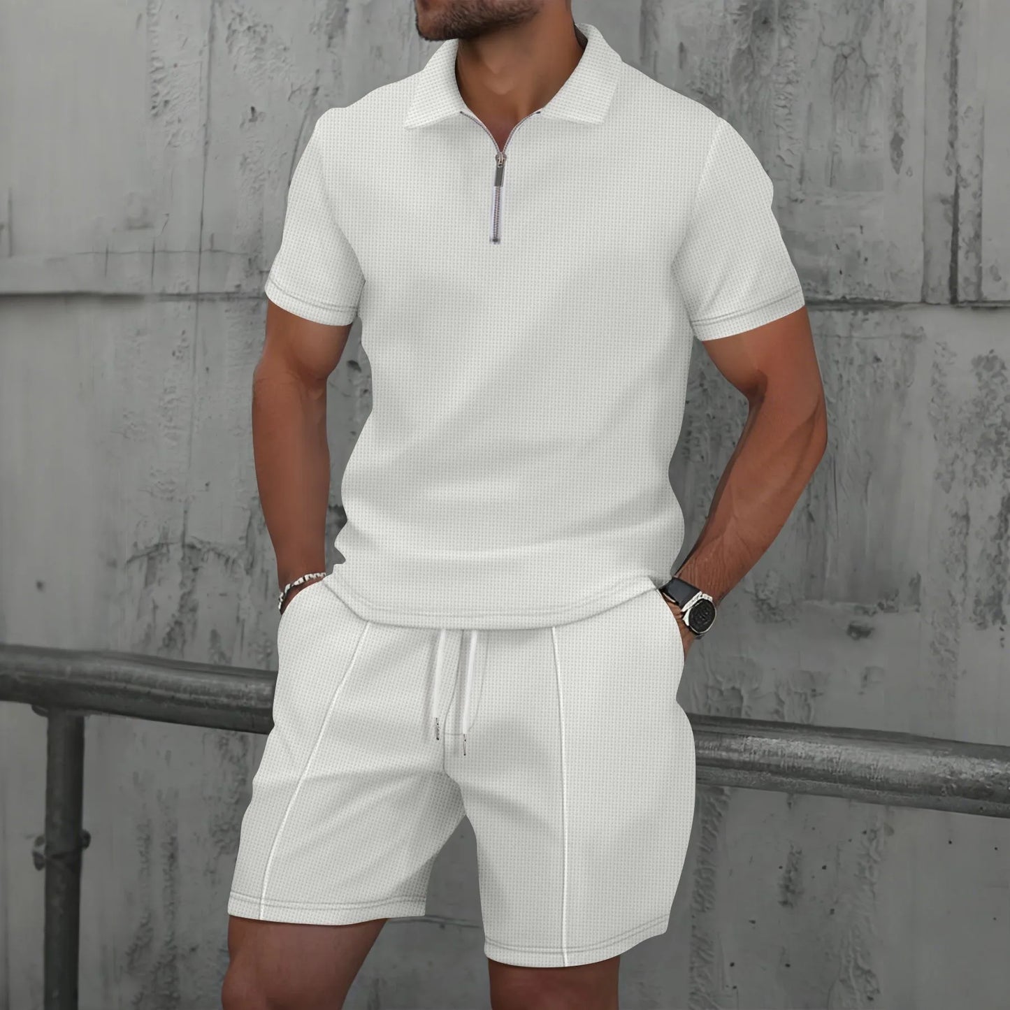 2025 Men Europe and the United States new summer Waffle solid color zip - up lapel short - sleeve suit shorts two sets - Fleur de Luxe