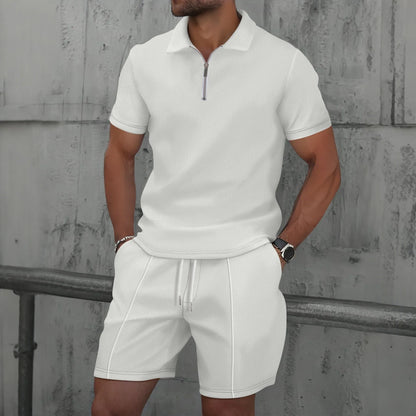 2025 Men Europe and the United States new summer Waffle solid color zip - up lapel short - sleeve suit shorts two sets - Fleur de Luxe