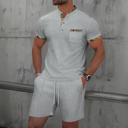2025 Men Europe and the United States new summer Waffle solid color zip - up lapel short - sleeve suit shorts two sets - Fleur de Luxe