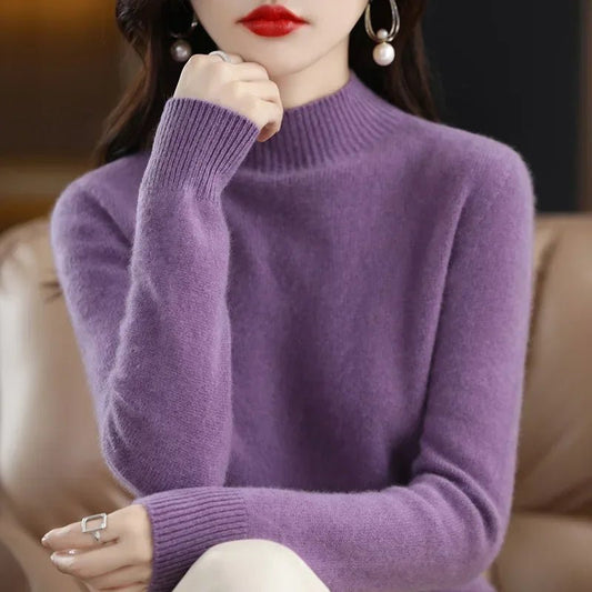 Autumn Winter Women Sweater Korean Fashion Warm Bottoming Shirts Half High Collar Basic Knitwear Solid Long Sleeve Pullovers - Fleur de Luxe