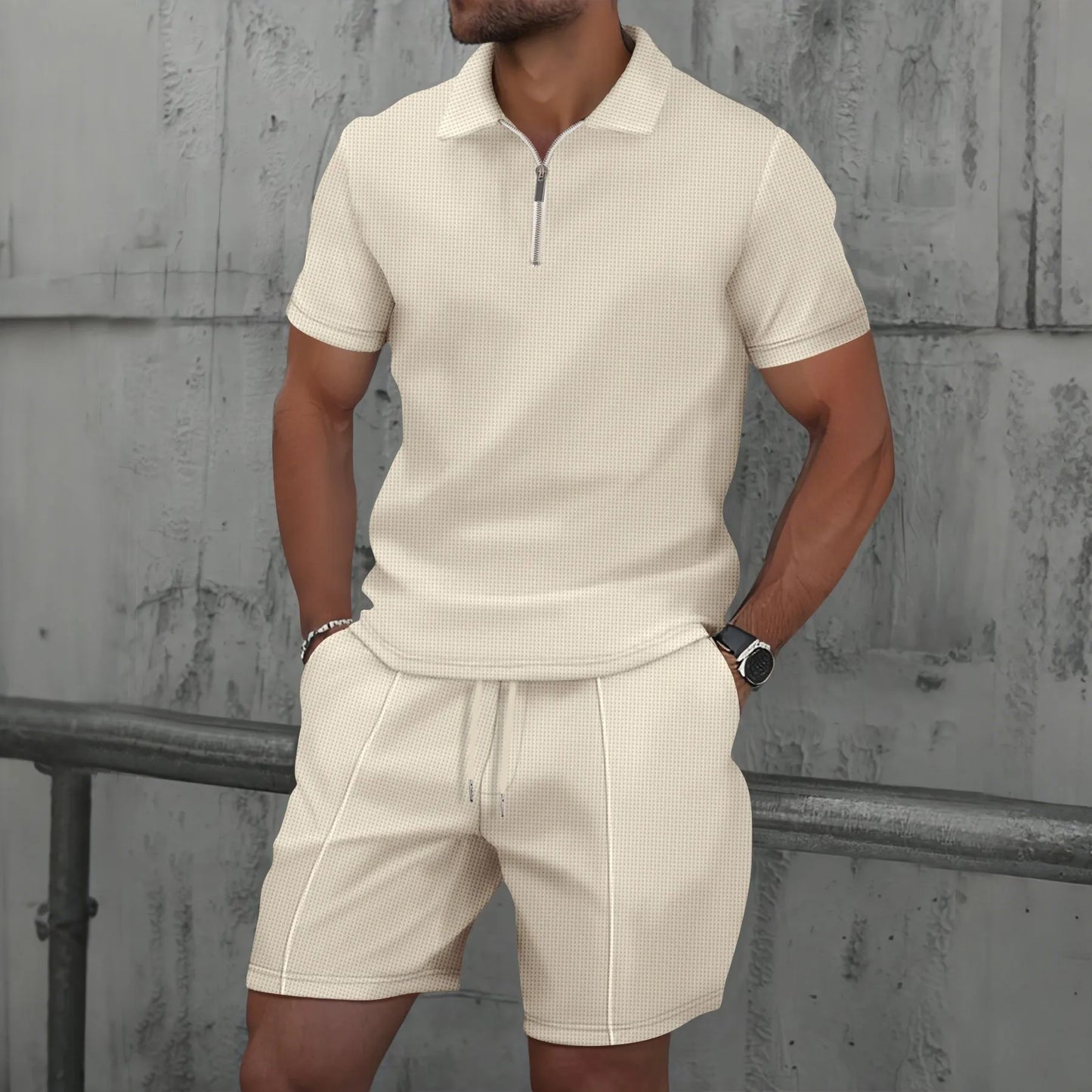 2025 Men Europe and the United States new summer Waffle solid color zip - up lapel short - sleeve suit shorts two sets - Fleur de Luxe