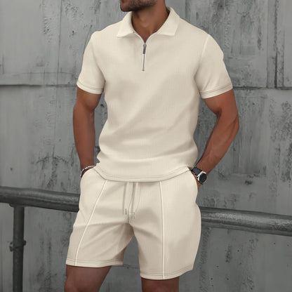 2025 Men Europe and the United States new summer Waffle solid color zip - up lapel short - sleeve suit shorts two sets - Fleur de Luxe