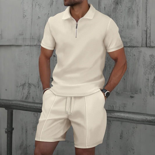 2025 Men Europe and the United States new summer Waffle solid color zip - up lapel short - sleeve suit shorts two sets - Fleur de Luxe