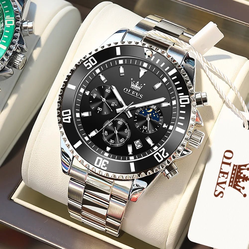 OLEVS Luxury Moon Phase Chronograph Watch for Men, Waterproof Stainless Steel - Fleur de Luxe