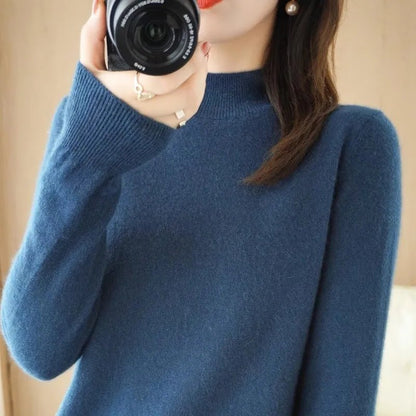 Autumn Winter Women Sweater Korean Fashion Warm Bottoming Shirts Half High Collar Basic Knitwear Solid Long Sleeve Pullovers - Fleur de Luxe