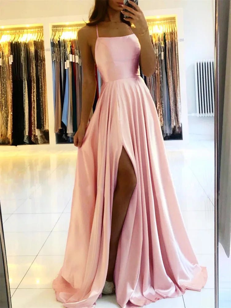 Elegant Women Maxi Beach Satin Dress Sexy Leg Slit Lace up Evening Prom Gown Adjustable Straps Bridesmaid Dresses - Fleur de Luxe