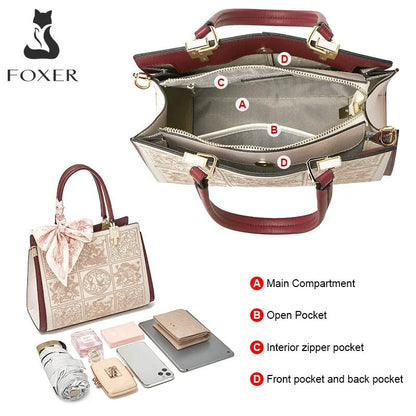 FOXER Women's Chic Leather Shoulder Crossbody Bag with Scarf Print Pocket - Fleur de Luxe