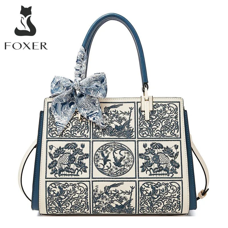FOXER Women's Chic Leather Shoulder Crossbody Bag with Scarf Print Pocket - Fleur de Luxe