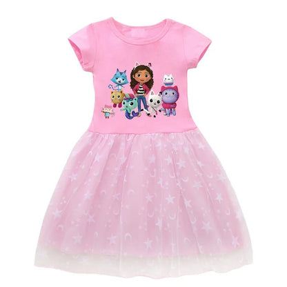 2024 New Summer Cartoon Gabby Cats Dresses Baby Girls Princess Dress Bag Headband Kids Gabby's Dollhouse Cosplay Costume - Fleur de Luxe
