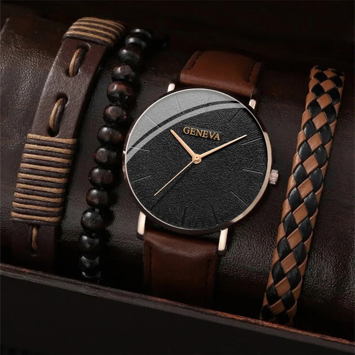 New Men Watch Luxury Bracelet Set Fashion Business Brown Leather Quartz Wrist Watches for Men Gift Set Relogio Masculino NO BOX - Fleur de Luxe