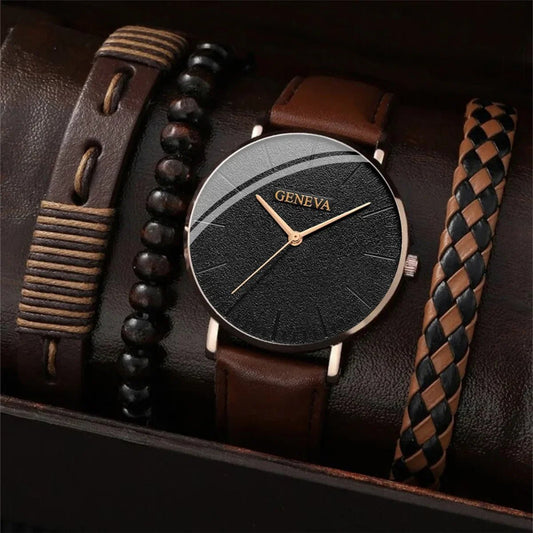 New Men Watch Luxury Bracelet Set Fashion Business Brown Leather Quartz Wrist Watches for Men Gift Set Relogio Masculino NO BOX - Fleur de Luxe