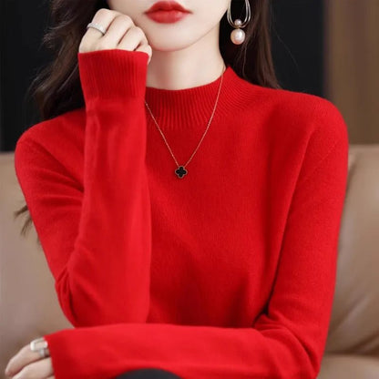 Autumn Winter Women Sweater Korean Fashion Warm Bottoming Shirts Half High Collar Basic Knitwear Solid Long Sleeve Pullovers - Fleur de Luxe