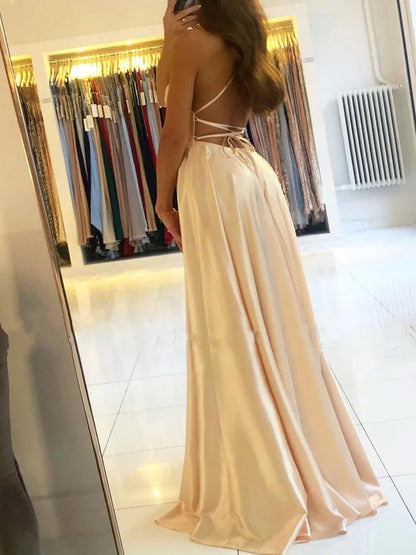 Elegant Women Maxi Beach Satin Dress Sexy Leg Slit Lace up Evening Prom Gown Adjustable Straps Bridesmaid Dresses - Fleur de Luxe