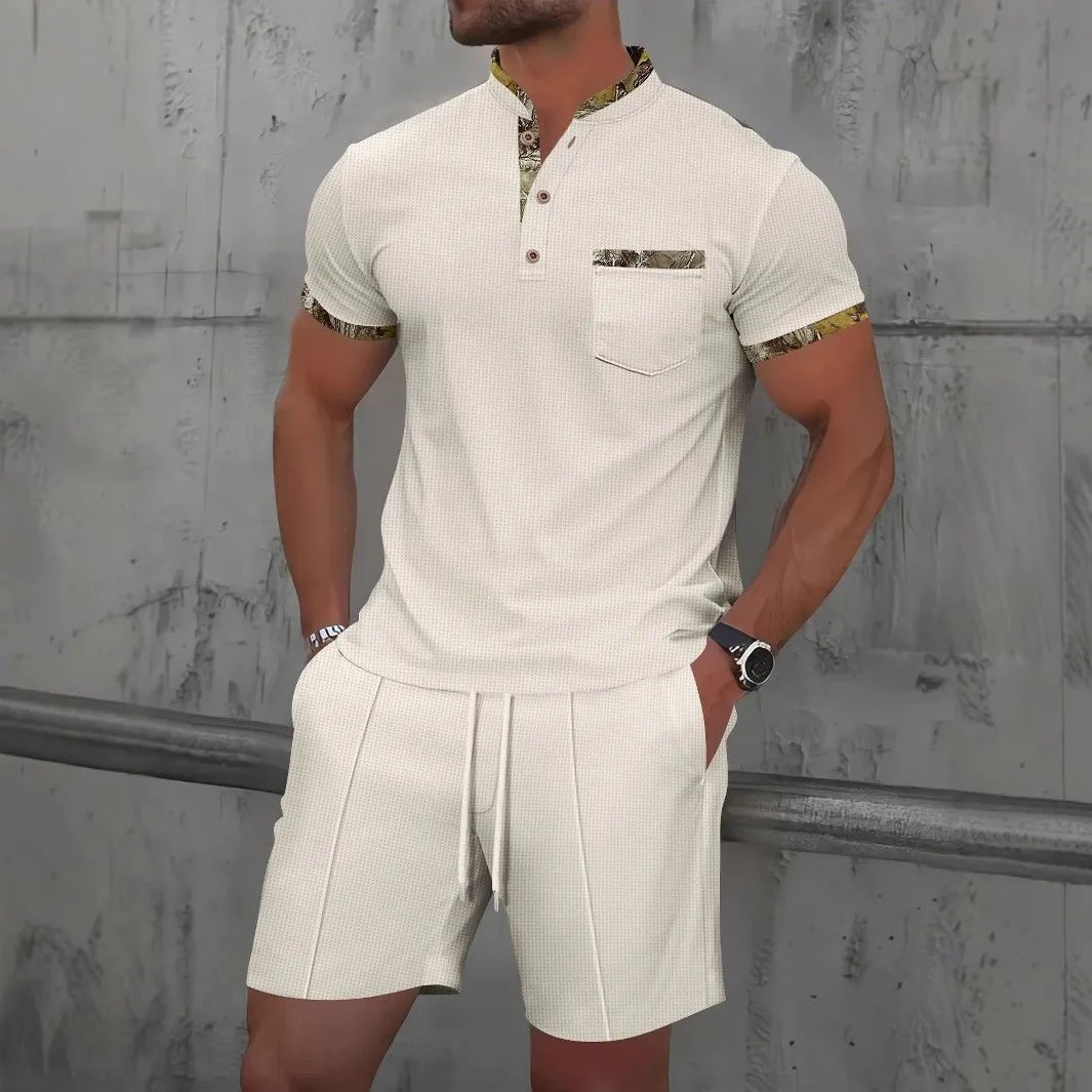 2025 Men Europe and the United States new summer Waffle solid color zip - up lapel short - sleeve suit shorts two sets - Fleur de Luxe