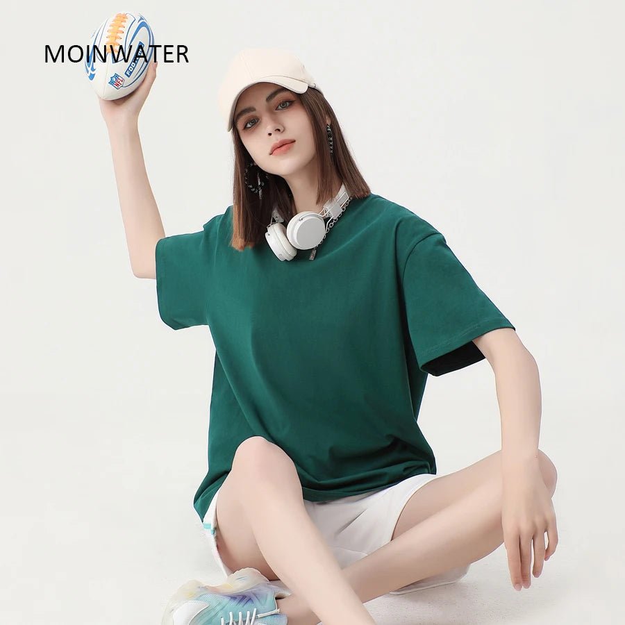 WAVLATII New Women Solid Cotton T shirts Female Dark Green Oversized Casual Soft Tees Unisex Short Sleeve Summer Tops - Fleur de Luxe