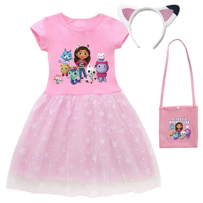 2024 New Summer Cartoon Gabby Cats Dresses Baby Girls Princess Dress Bag Headband Kids Gabby's Dollhouse Cosplay Costume - Fleur de Luxe