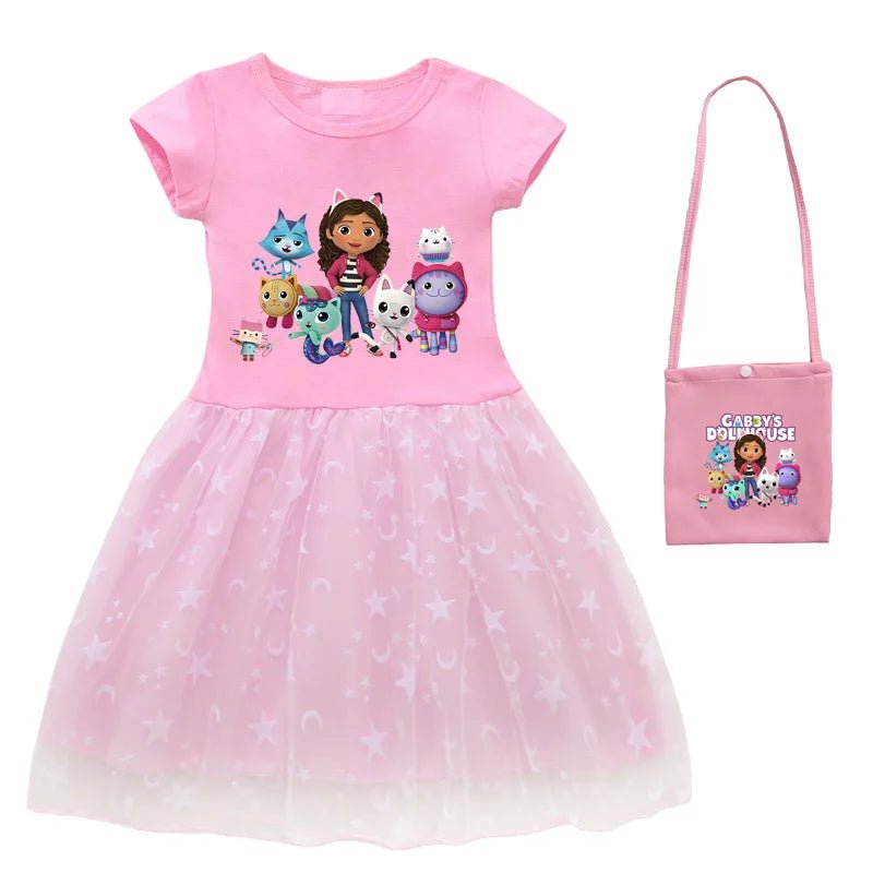 2024 New Summer Cartoon Gabby Cats Dresses Baby Girls Princess Dress Bag Headband Kids Gabby's Dollhouse Cosplay Costume - Fleur de Luxe