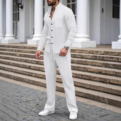 New autumn men's suit, waffle plain - colored long - sleevedshirt with pocket cardigan, stylish men's casual clothing long pants set - Fleur de Luxe