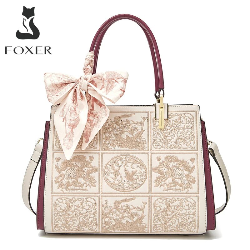 FOXER Women's Chic Leather Shoulder Crossbody Bag with Scarf Print Pocket - Fleur de Luxe