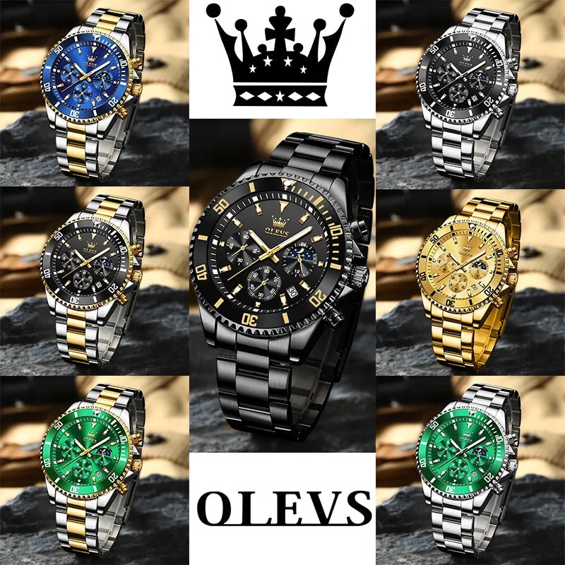 OLEVS Luxury Moon Phase Chronograph Watch for Men, Waterproof Stainless Steel - Fleur de Luxe