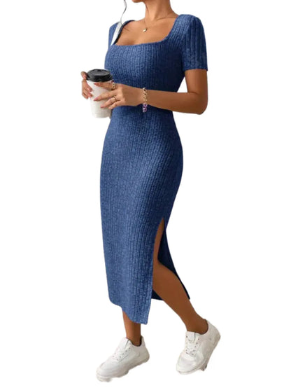 Summer Square Neck, Hip - Hugging Mid - Length Skirt, Short - Sleeved, Versatile Knitted Slit Dress - Fleur de Luxe