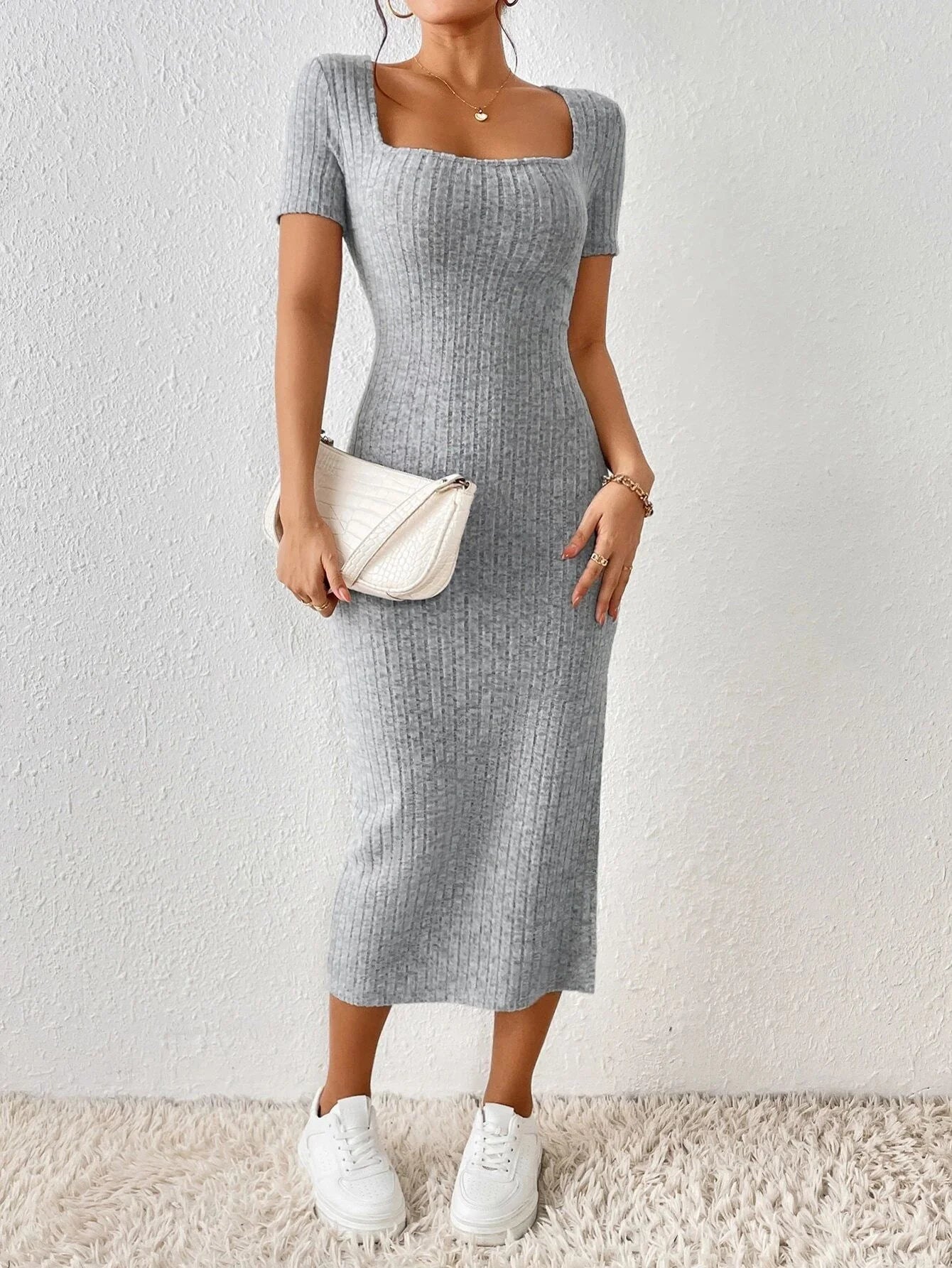 Summer Square Neck, Hip - Hugging Mid - Length Skirt, Short - Sleeved, Versatile Knitted Slit Dress - Fleur de Luxe