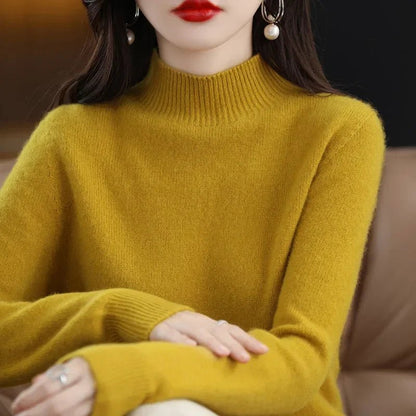 Autumn Winter Women Sweater Korean Fashion Warm Bottoming Shirts Half High Collar Basic Knitwear Solid Long Sleeve Pullovers - Fleur de Luxe